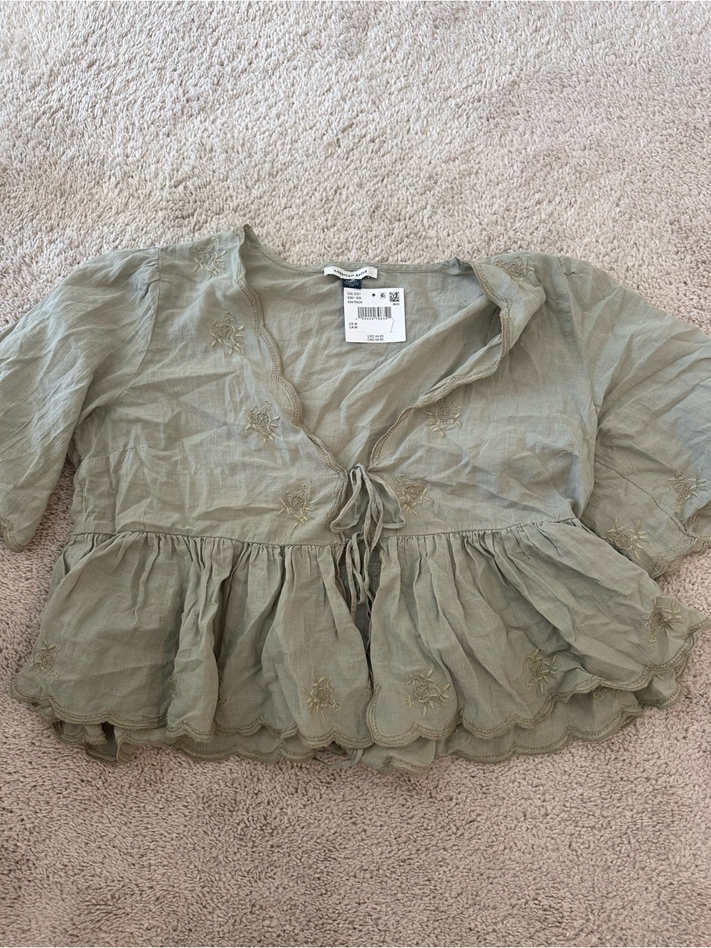 American Eagle Outfitters Sage Green Embroidered Tie-Front Peplum Top - Women